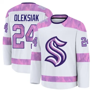 White Men's Jamie Oleksiak Premium Seattle Kraken 2024 Hockey Fights Cancer Practice Jersey