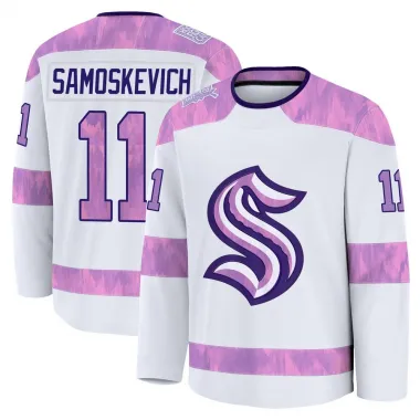 White Men's Mackie Samoskevich Premium Seattle Kraken 2024 Hockey Fights Cancer Practice Jersey