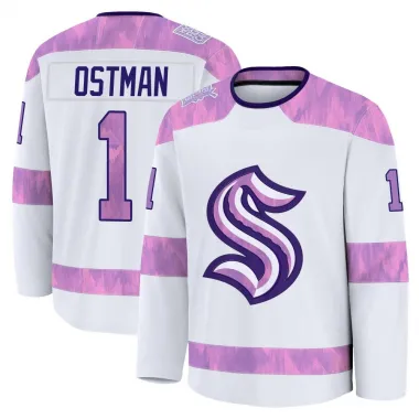 White Men's Victor Ostman Premium Seattle Kraken 2024 Hockey Fights Cancer Practice Jersey