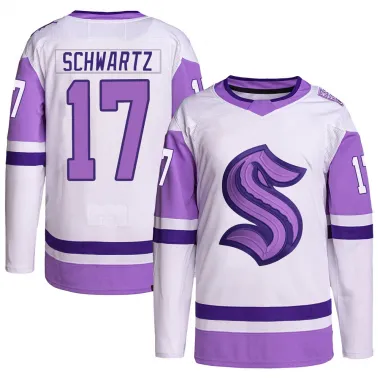 White/Purple Men's Jaden Schwartz Authentic Seattle Kraken Hockey Fights Cancer Primegreen Jersey