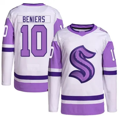 White/Purple Men's Matty Beniers Authentic Seattle Kraken Hockey Fights Cancer Primegreen Jersey