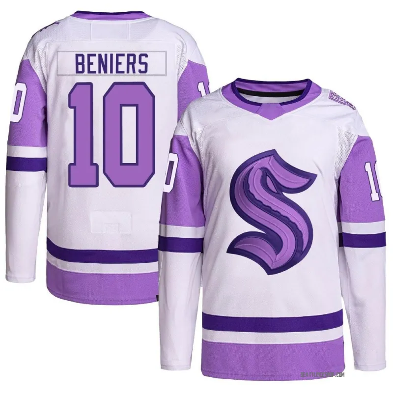White/Purple Men's Matty Beniers Authentic Seattle Kraken Hockey Fights Cancer Primegreen Jersey