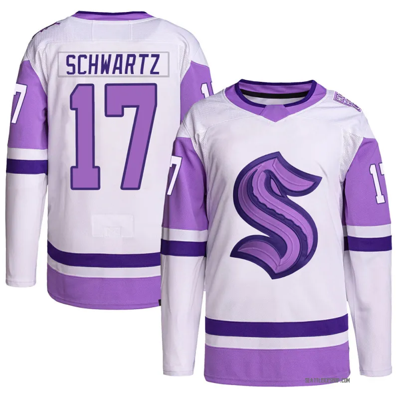 White/Purple Youth Jaden Schwartz Authentic Seattle Kraken Hockey Fights Cancer Primegreen Jersey