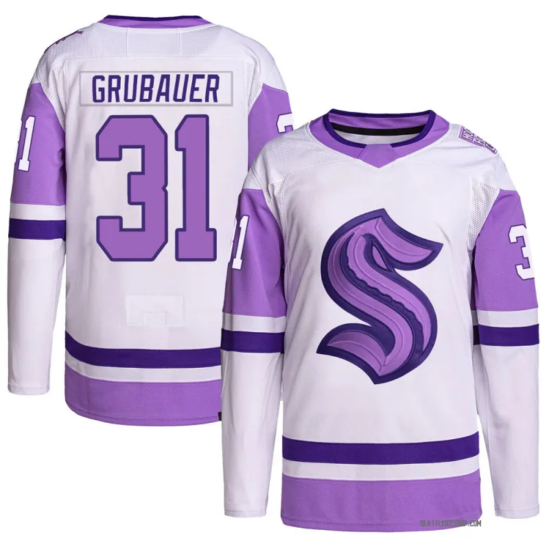 White/Purple Youth Philipp Grubauer Authentic Seattle Kraken Hockey Fights Cancer Primegreen Jersey
