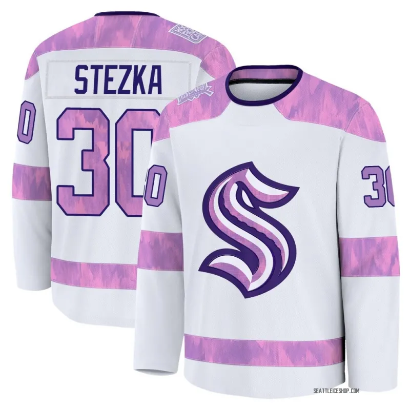 White Youth Ales Stezka Premium Seattle Kraken 2024 Hockey Fights Cancer Practice Jersey