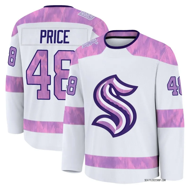 White Youth Caden Price Premium Seattle Kraken 2024 Hockey Fights Cancer Practice Jersey