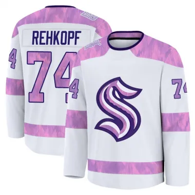 White Youth Carson Rehkopf Premium Seattle Kraken 2024 Hockey Fights Cancer Practice Jersey