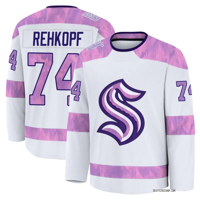 White Youth Carson Rehkopf Premium Seattle Kraken 2024 Hockey Fights Cancer Practice Jersey