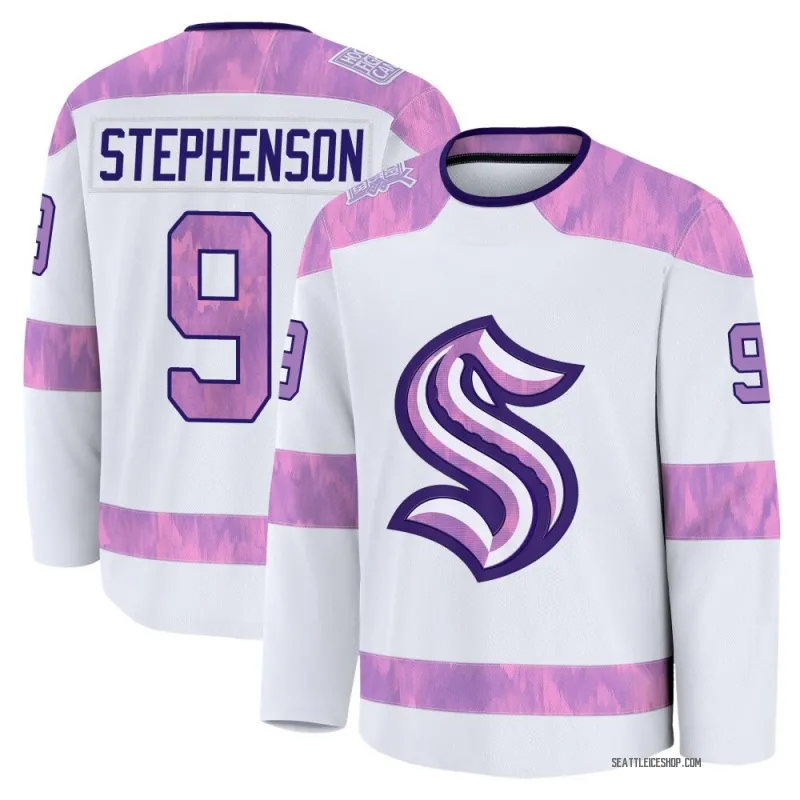 White Youth Chandler Stephenson Premium Seattle Kraken 2024 Hockey Fights Cancer Practice Jersey