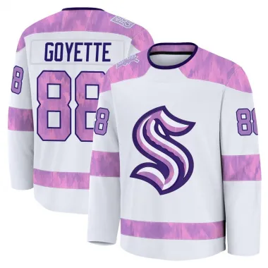 White Youth David Goyette Premium Seattle Kraken 2024 Hockey Fights Cancer Practice Jersey