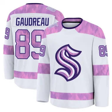 White Youth Frederick Gaudreau Premium Seattle Kraken 2024 Hockey Fights Cancer Practice Jersey