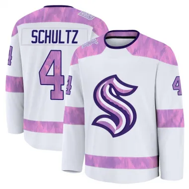 White Youth Justin Schultz Premium Seattle Kraken 2024 Hockey Fights Cancer Practice Jersey