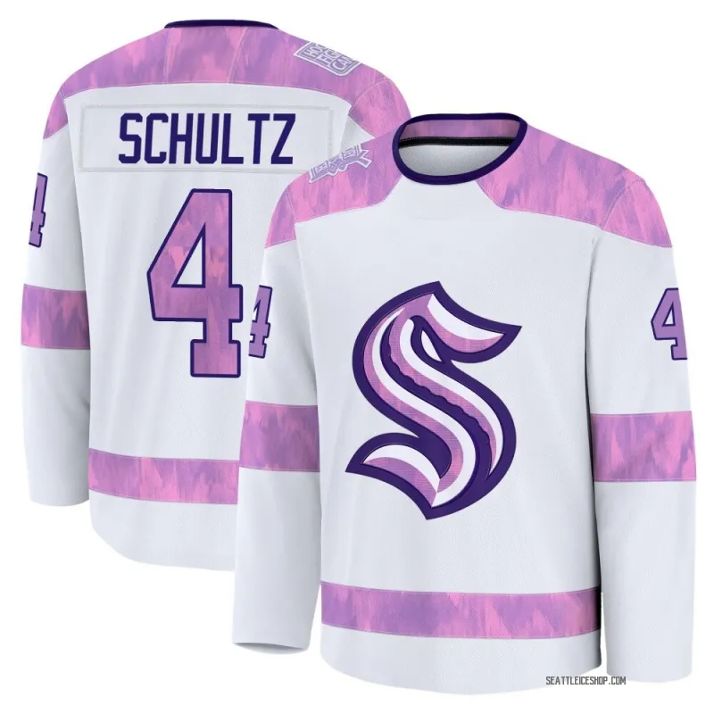 White Youth Justin Schultz Premium Seattle Kraken 2024 Hockey Fights Cancer Practice Jersey