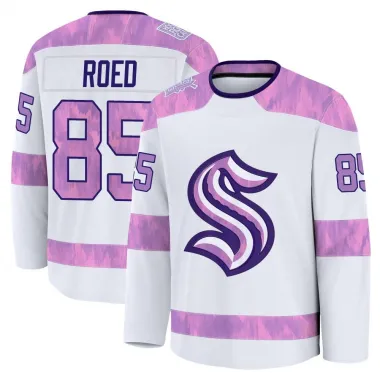 White Youth Lleyton Roed Premium Seattle Kraken 2024 Hockey Fights Cancer Practice Jersey