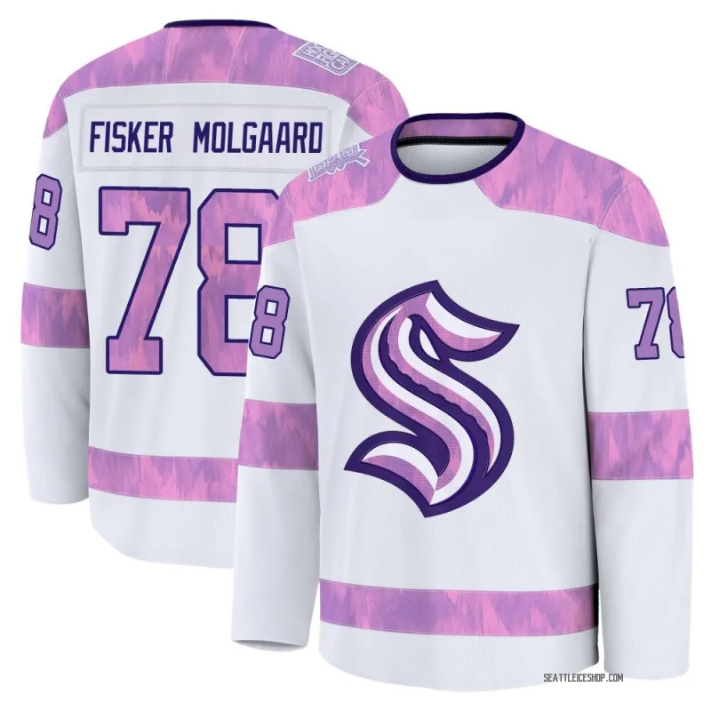White Youth Oscar Fisker Molgaard Premium Seattle Kraken 2024 Hockey Fights Cancer Practice Jersey