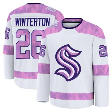 White Youth Ryan Winterton Premium Seattle Kraken 2024 Hockey Fights Cancer Practice Jersey
