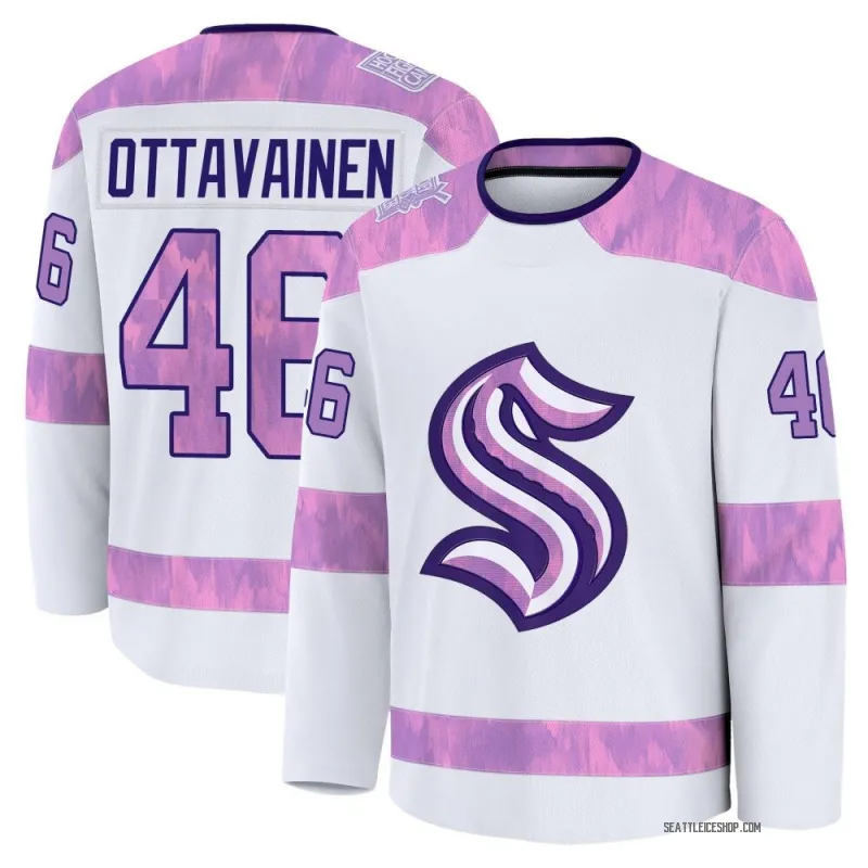 White Youth Ville Ottavainen Premium Seattle Kraken 2024 Hockey Fights Cancer Practice Jersey