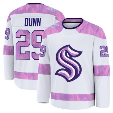 White Youth Vince Dunn Premium Seattle Kraken 2024 Hockey Fights Cancer Practice Jersey