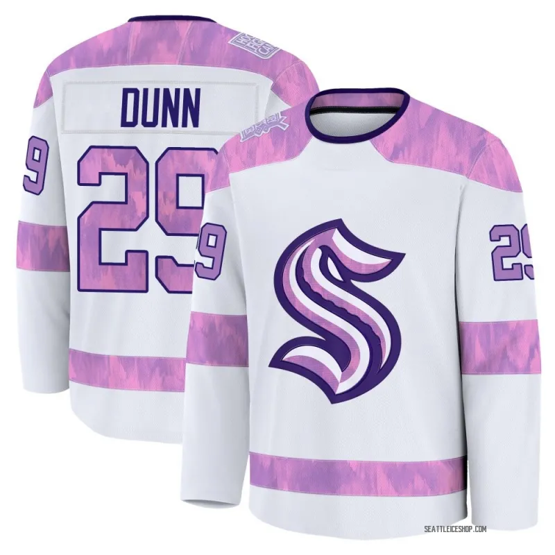 White Youth Vince Dunn Premium Seattle Kraken 2024 Hockey Fights Cancer Practice Jersey